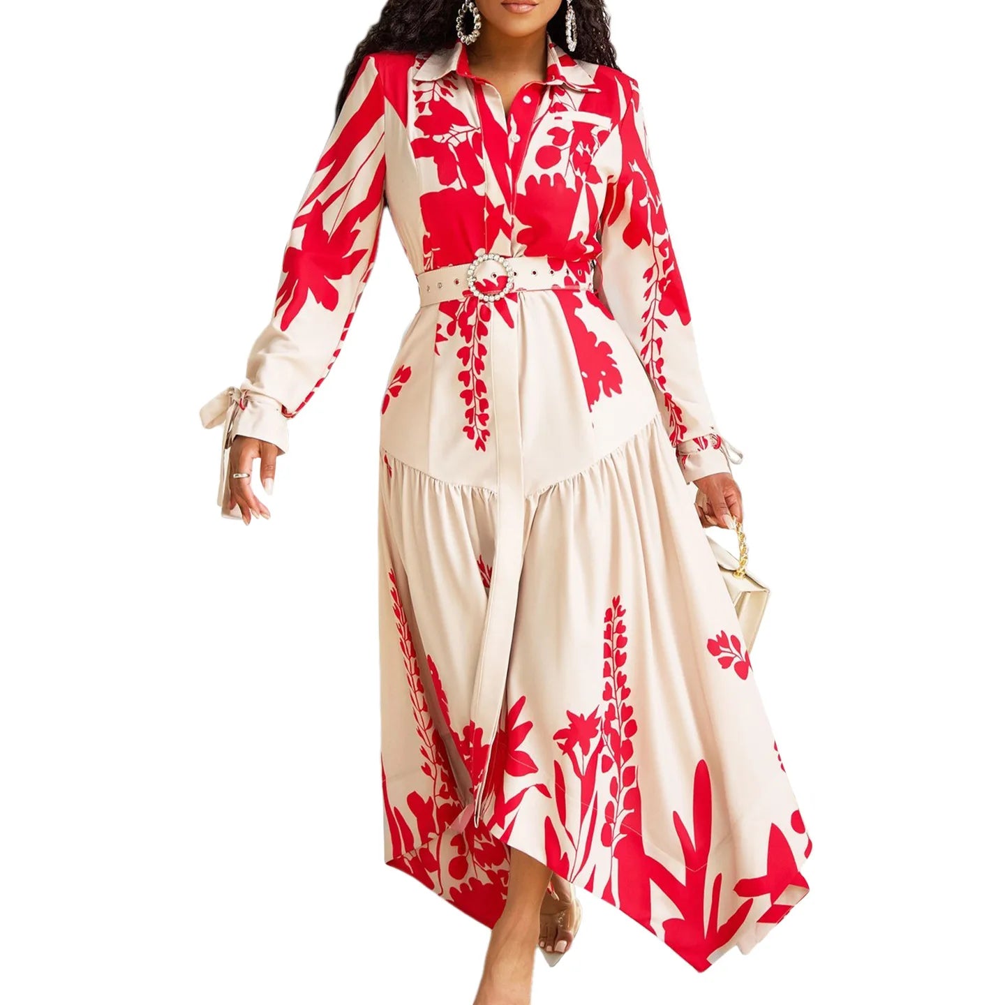 Momsey 2024 Women's Summer New Long Sleeved Printed Lapel Irregular Loose Size African Dress