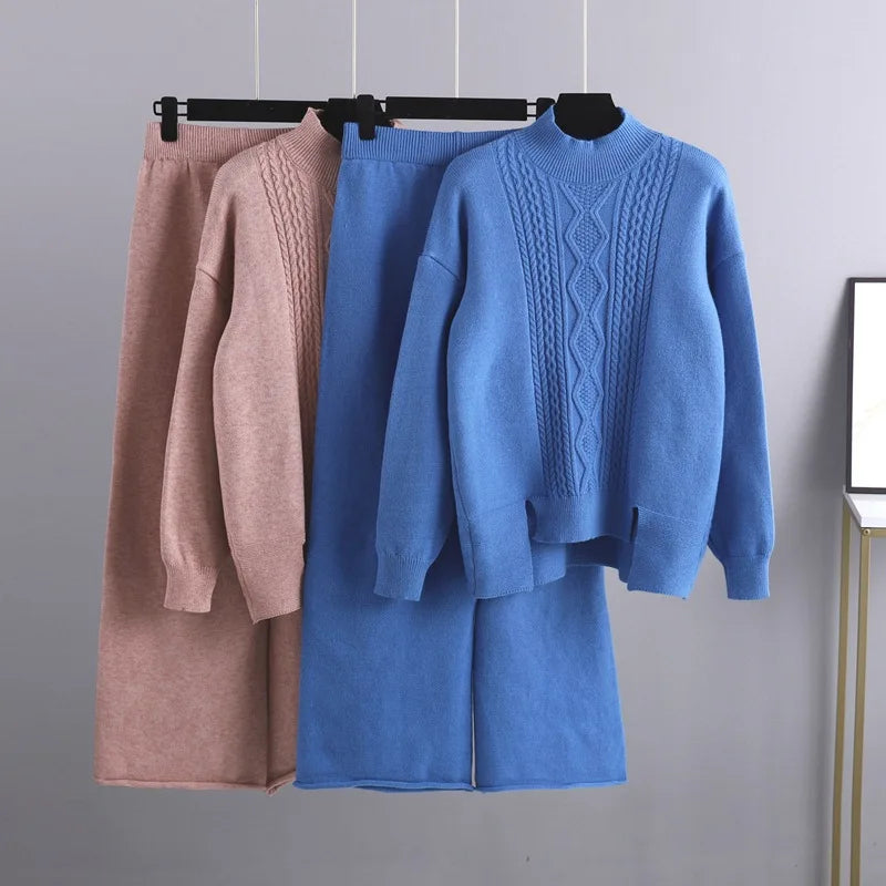 Maxy Winter Cashmere Women Tracksuits Thick Oversized Women Turtleneck Sweater 2 Pieces Sets Drawstring Harem Pant Suits Outfit