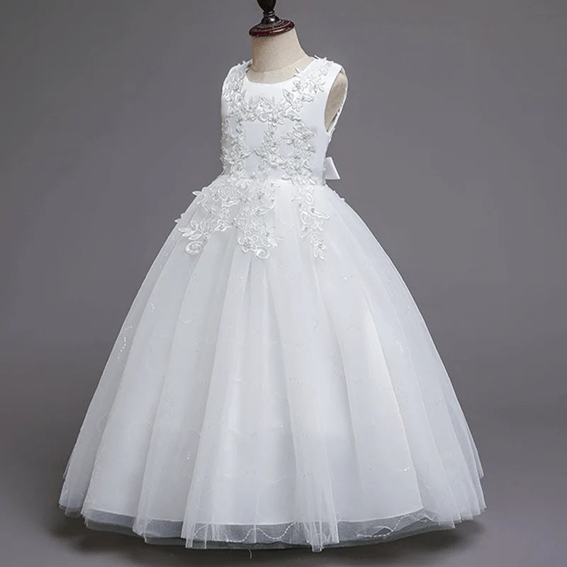Maxy Princess Girls White Flower Princess Dress Teens Sequins Appliques Sleeveless Long First Communion Bridesmaid Wedding Formal Evening Gown