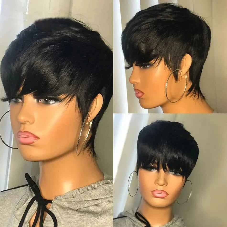 Short Human Hair Wigs Pixie Cut Straight Perruque Bresillienne for Black Women Machine Made Wigs With Bangs Cheap Glueless Wig