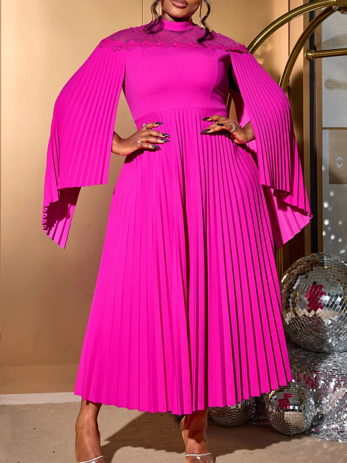 Amay Elegant Long Pleated Dresses Women Half High Collar Cloak Sleeves Mesh Patchwork Fashion Evening Party Maxy Gowns Wedding Guest