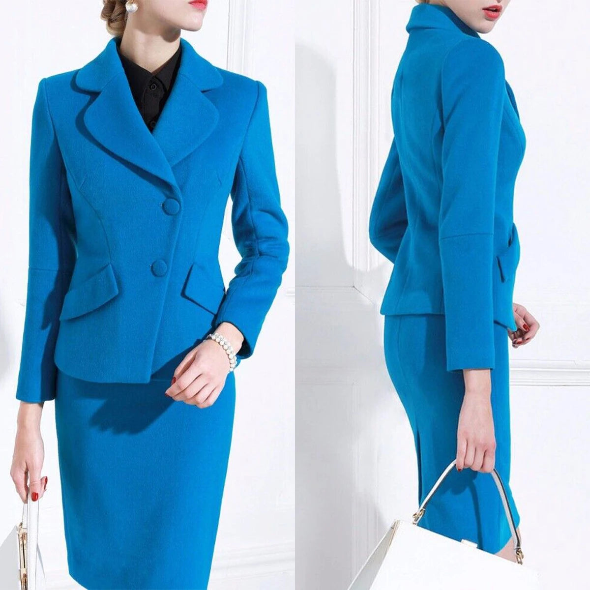 Visco Chic Women Dress Suits Blue Woolen Long Sleeve Office Female Streetwear Sportswear Two Pieces Sets