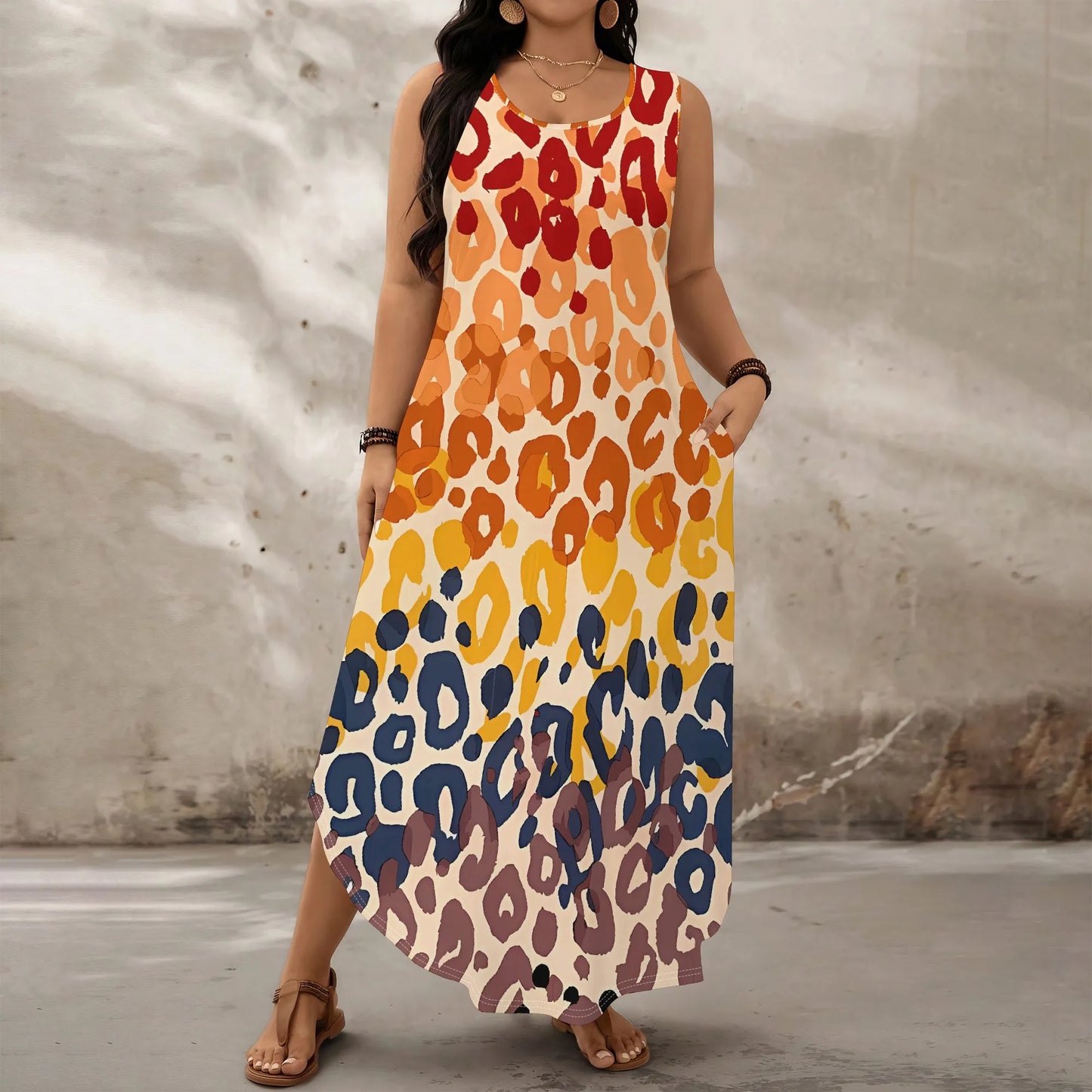 Maxy Plus Size Sleeveless Leopard Print Maxy Dress Gradient Colorful Summer Casual Beach Holiday Sundress