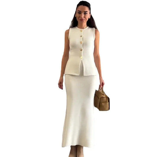 Maxy Skirt Set Women Two Piece Sets Round Neck Sleeveless Dress Sets Slim Fit Matching Sets Tops Mid Length Skirts Y2k Elegant