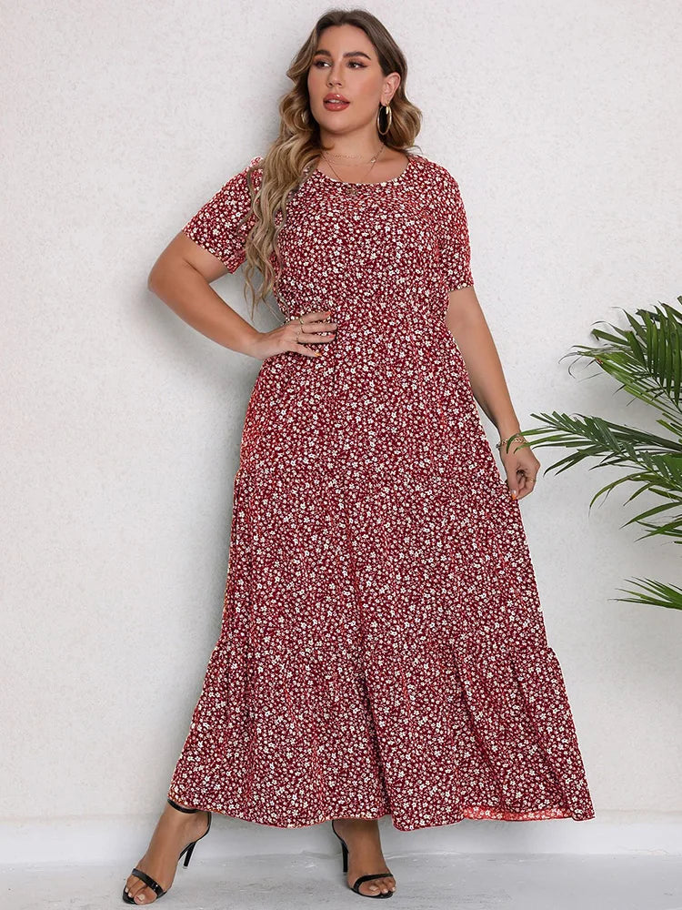Gacy Plus Size O-Neck Ditsy Floral Ruffle Hem Dress Women Summer Short-sleeved Vacation Bohemian Beach Maxy Long Dresses