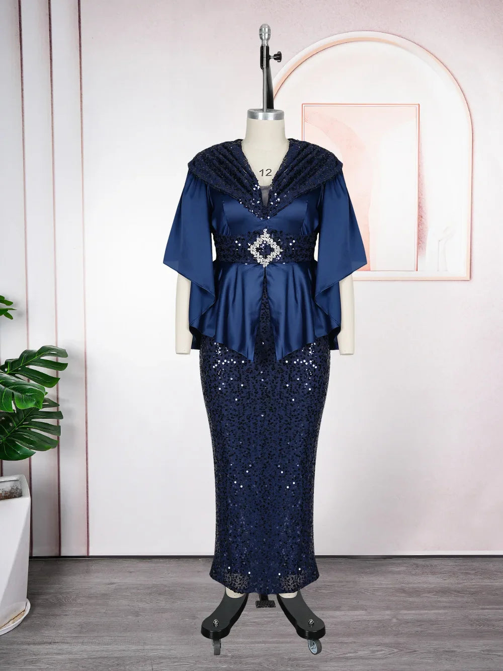Maxy Elegant African Party Dress for Women plus Size Dashiki Sequin Bodycon Long Gown with Slit Turkish Muslim Wedding Evening Wear