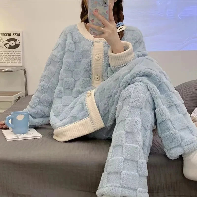 Maxy Plush Thick Warm Sleepwear Flannel Winter Home wear Set 2024 New Pajama Women's Autumn Winter Loungewear Coral Velvet Cute Sweet