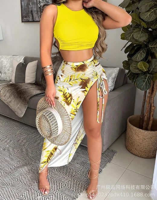 Amay Elegant Two-Piece Women's Summer Dress Set with Ginkgo Print Strapless Short Top and Drawstring High Slit Casual Long Dress Set
