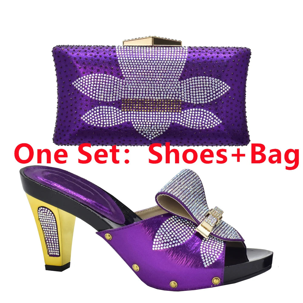 Maxy Leather Shoes and Bag Set Purple Women Shoes and Bag Set in Ladies Shoe and Bag Set with Rhinestone