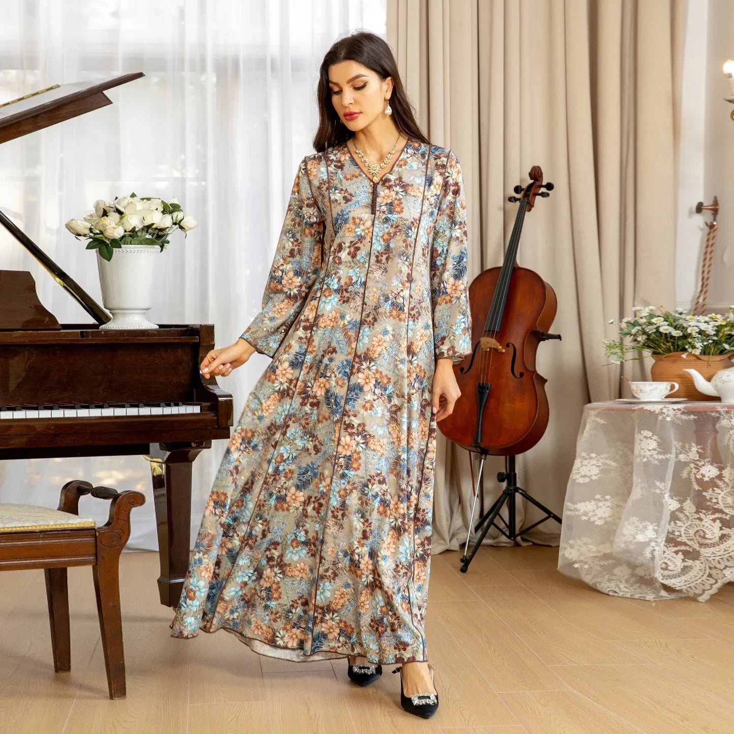 Maxy Spring Floral Print Muslim Abaya Dress Women Vintage Dubai Arab Turkey Morocco Kaftan Islamic Clothing Gown Robe