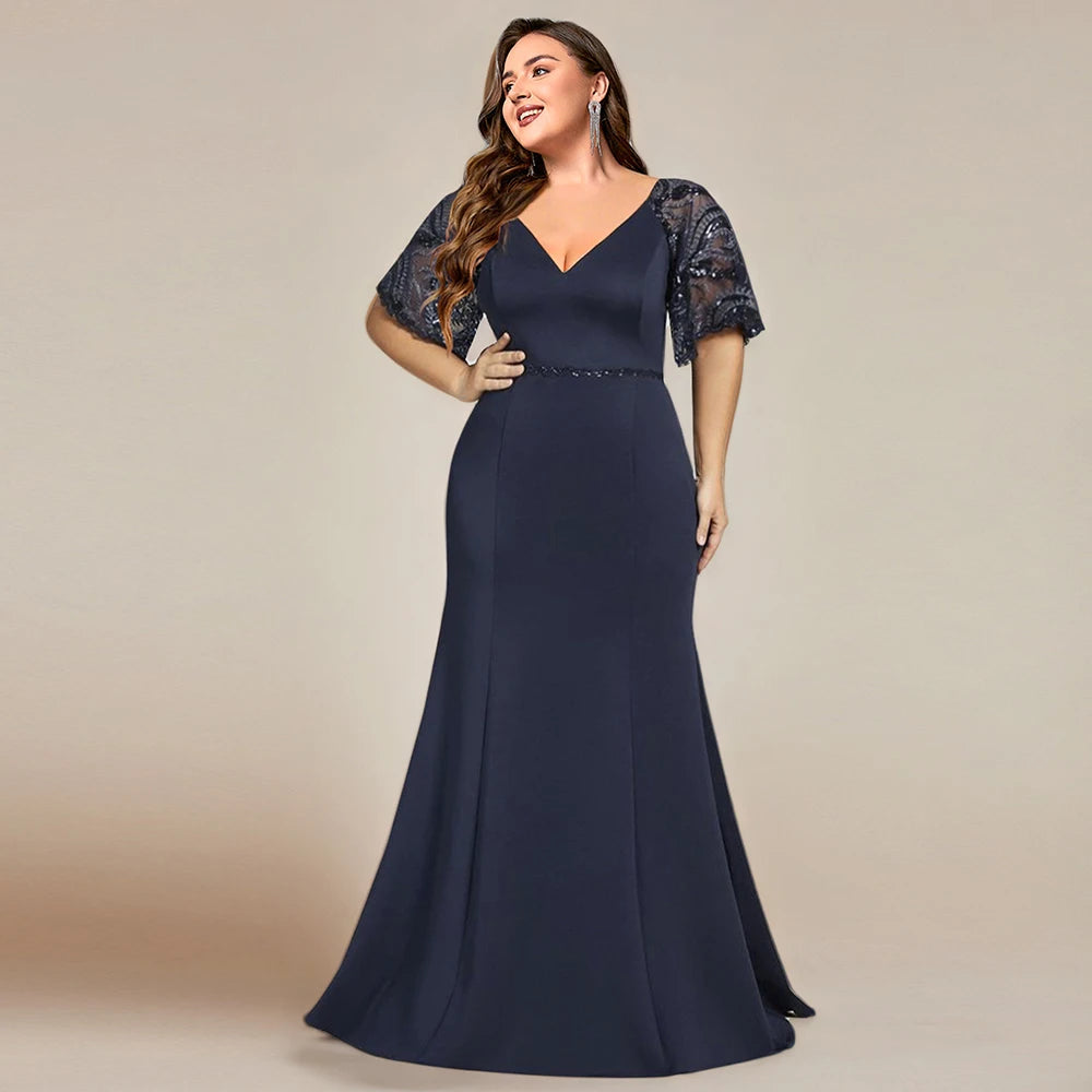 Amay Satin Spliced Lace Elegant Plus Size Women Dress Mesh Short Sleeve Summer Female Maxi Dress V-Neck Evening Long Dresses