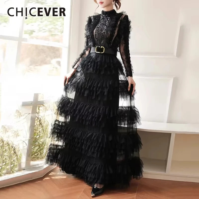 Amay Spliced Lace Hollow Mesh Dresses for Women Stand Collar Long Sleeves High Waist Slim Spliced Sashes Party Dress Female
