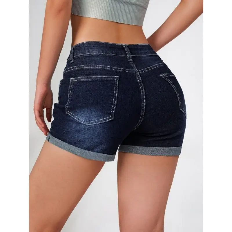 Maxy Women's summer denim shorts American deep blue elastic slim fit fashionable versatile casual retro denim shorts