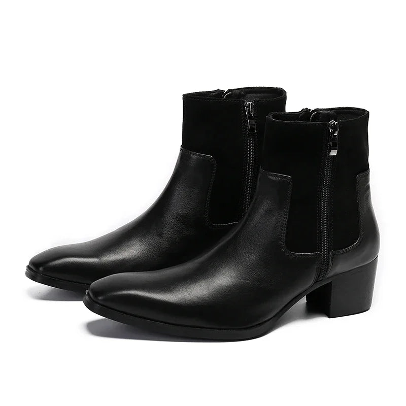 Amay Italian Business Black Male Real Leather Shoes Big Size Zipper Short Motorcycle Boot Classic Men Wedding Party Formal Dress Boot