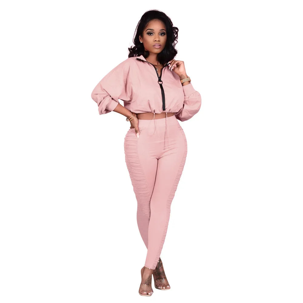 VANHAO 2022 Long Sleeve Cropped Zip Up Sweatshirts Women Two Piece Pants Set Casual Tracksuit Wholesale Dropshipping