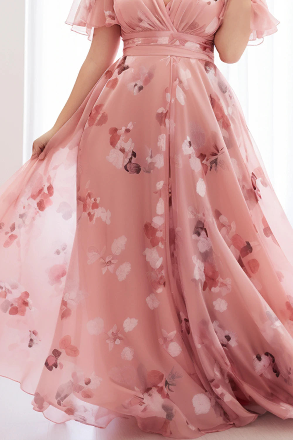 Maxy Fly curvy Plus Size Everyday Peach Pink Floral Flutter Sleeve Wrap Empire Waist Chiffon Dress