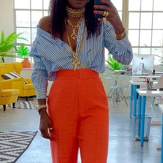 Maxy Women Two Piece Set Summer Casual Strip Printed Lapel Long Sleeve Button Shirts Top With Pocket Pencil Pants Sets