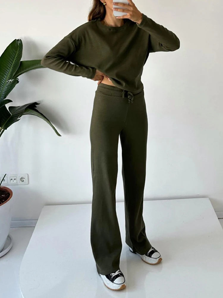 White Women's Tracksuit with Long Sleeve T-shirt 2024 Spring Wide Leg Trousers Two Piece Set Knitted Suits for Women O-neck Tees