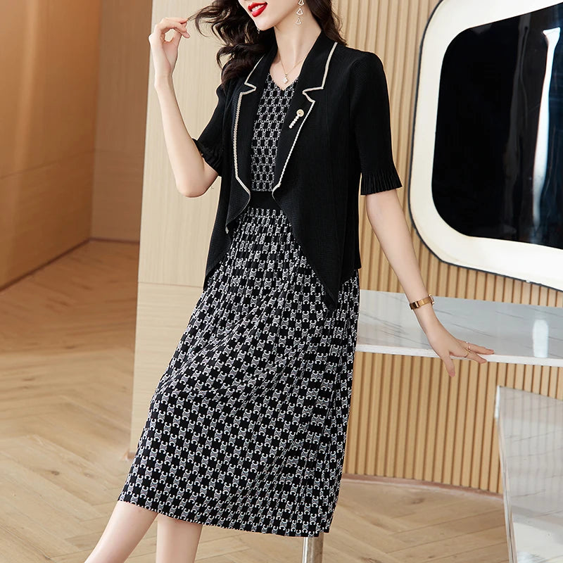 Maxy Pleated Dress Autumn New Style Plaid Suit Collar Pleated Skirt Waist Slimming Magic Skirt Set Maxy Dress for Women