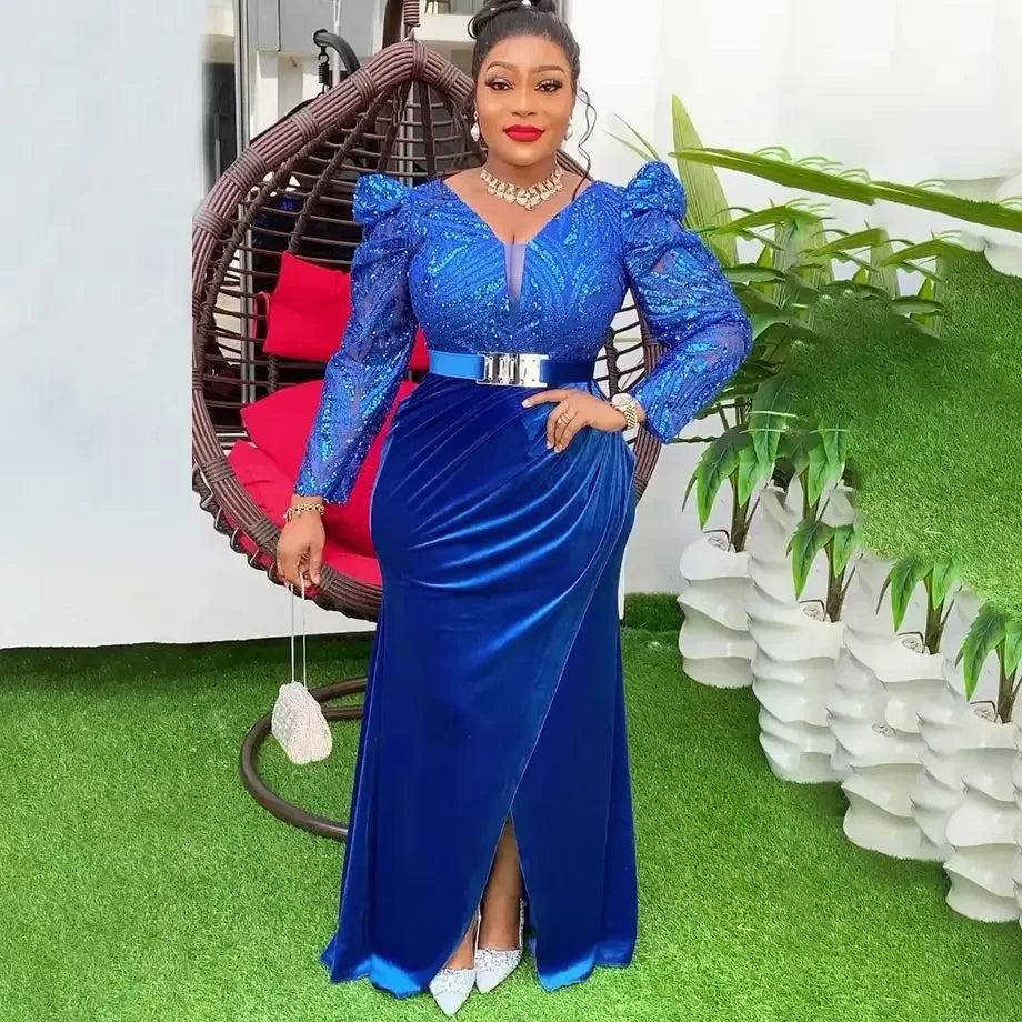 Amay Dresses for Women New Fashion Plus Size Sequin Evening Party Long Dress Dashiki Ankara Outfits Robe African Clothes