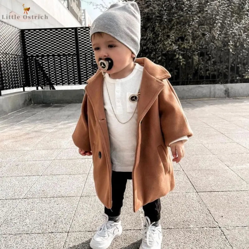 Maxy Boy Girl Woolen Jacket Long Double Breasted Warm Infant Toddler Lapel Tweed Coat Spring Autumn Winter Baby Outwear Clothes