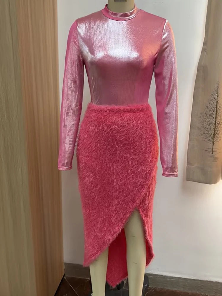 Maxy Faux Fur Pink Dress Set for Women Sparkly Mock Neck Long Sleeve Shirt Tops and Front Slit Wrapped Furs Skirt Sets Winter Trendy