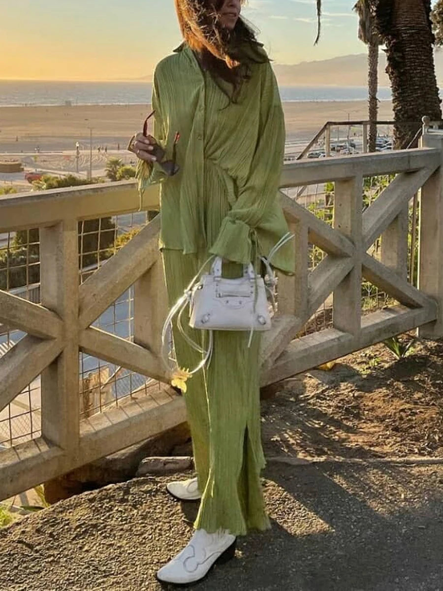 Maxy Women Pleated Pants Suits Set Casual Chic Solid Color Long Sleeve Oversized and Wide Leg Pants Trousers 2023 Elegant Tracksuit