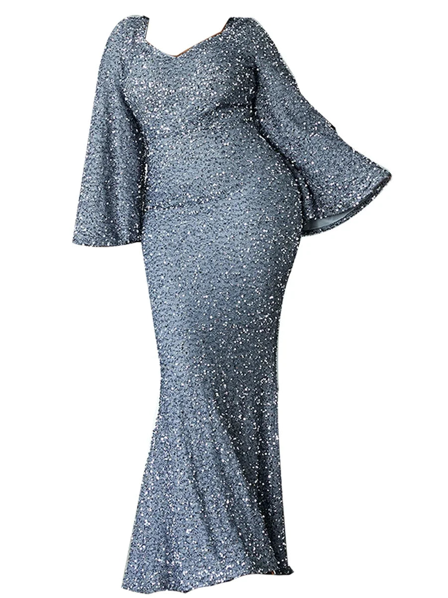 Maxy Women's Elegant V-neck Bell Sleeve Maxy Party Prom Mermaid Dress Long Shirt, Gray Sequins plus Size Evening Dress