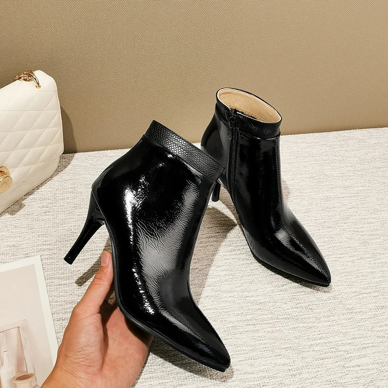 Winter Brand New Glossy Black Gray Women Ankle Dress Boots High Heels Lady Nude Shoes EA114 Plus Big Small Size 10 30 43 48