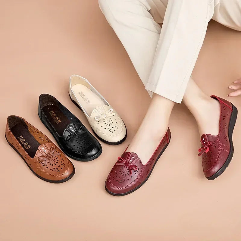 Maxy Women Flats Summer Women Genuine Leather Shoes With Low Heels Slip On Casual Flat Shoes Women Loafers Soft Nurse Ballerina Shoes