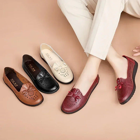 Maxy Women Flats Summer Women Genuine Leather Shoes With Low Heels Slip On Casual Flat Shoes Women Loafers Soft Nurse Ballerina Shoes
