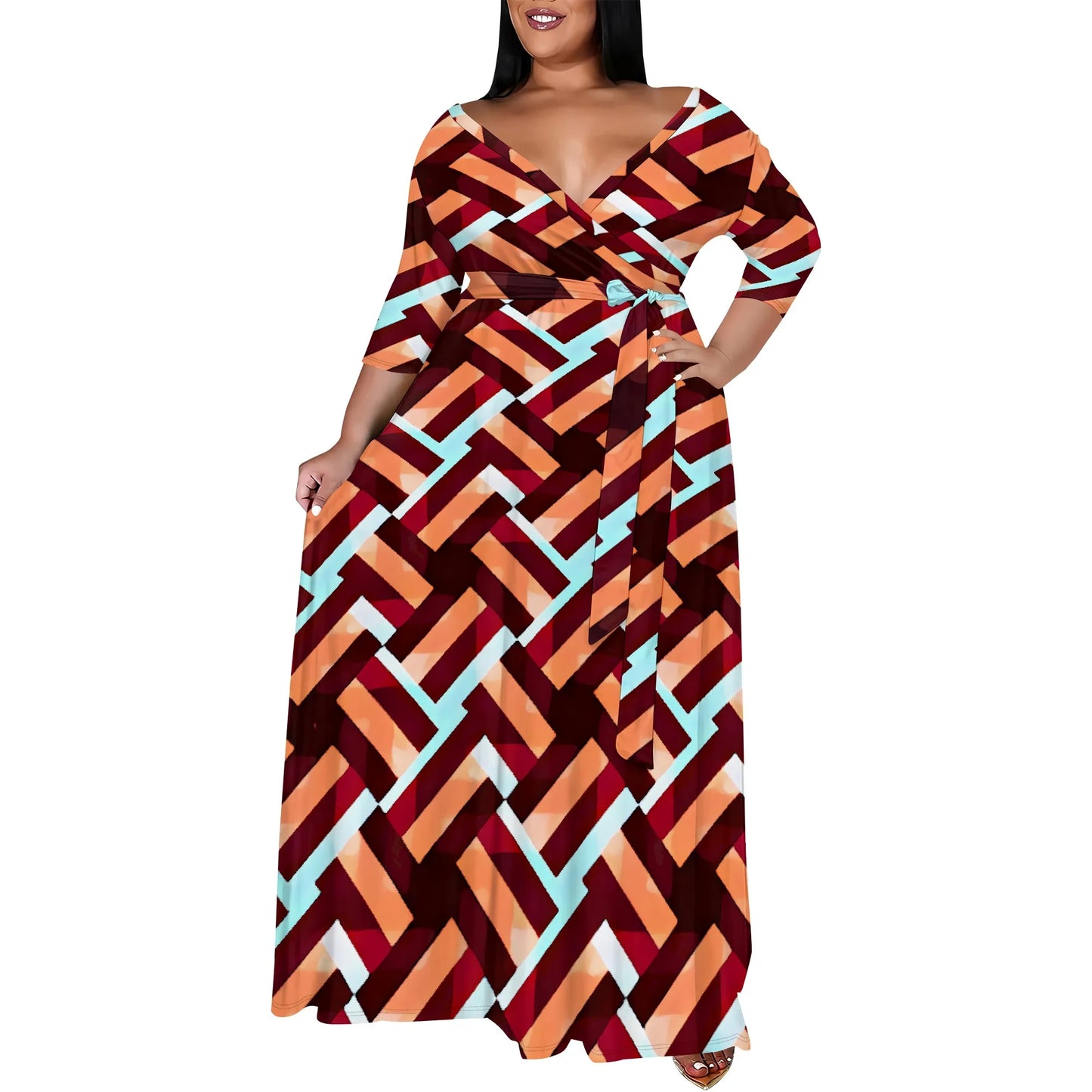 Amay Plus Size Boho Wrap Maxy Dress Orange Blue Geometric Print V Neck Half Sleeve Casual Look
