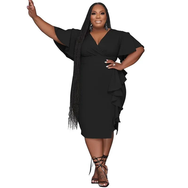 Maxy Plus Size Women's Summer Bodycon Dress Short Sleeve Solid Color Ruffle Hem Knee-Length