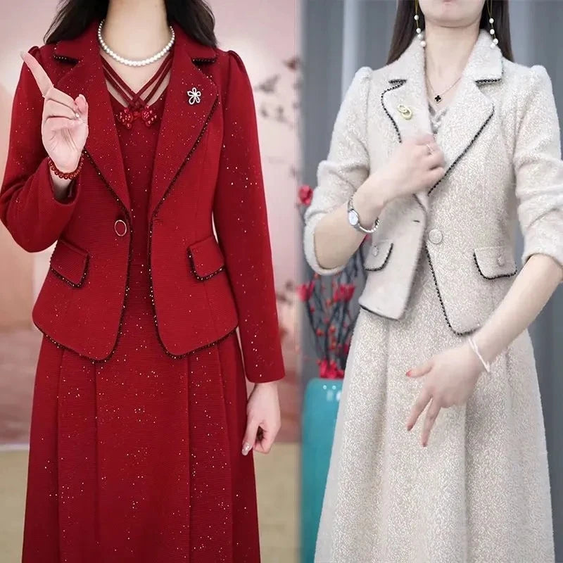 Maxy Middle Aged Female Dress Sets Spring Autumn High End Elegant Blazer Coat And Long Dress 2PCS Women OL Temperament Dresses Suit