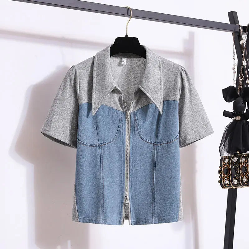 Summer Denim Splice Two-piece Set For Women Collar Jacket Tops And Wide Leg Pants Female Large Size Black White Gray Match Suits