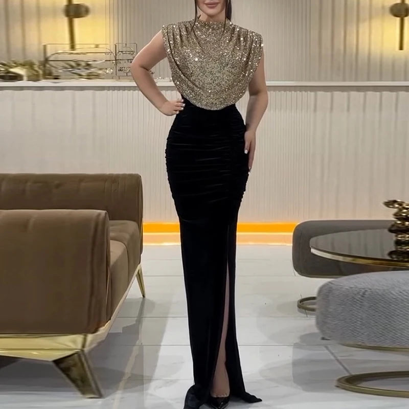 Maxy Lady Fashion Sleeveless Draped Split Dress Casual O Neck Sequin Splicing Party Dress New Year Elegant High Waist Long Dress