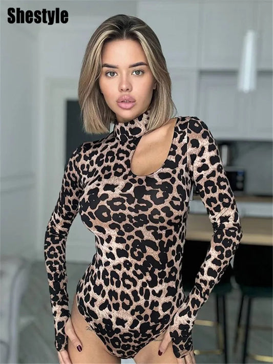 Maxy Shestyle Leopard Cold Shoulder Women Bodysuits Dot Mock Neck Stand Collar Long Sleeve Basic Skinny Design Workwear Winter