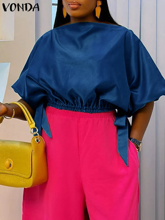 Amay Plus Size Satin Silk Top Women Blouses Casual Long Lantern Sleeve Oversized Solid Color Blusas VONDA 2024 Bohemian O-Neck Tunic