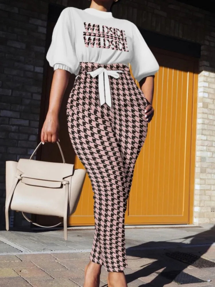 Maxy Fashion Plaid Print Two Pieces Sets Women's Autumn Lanntern Sleeve Top & High Waist Tied Slim Long Pants Casual Streetwear Set