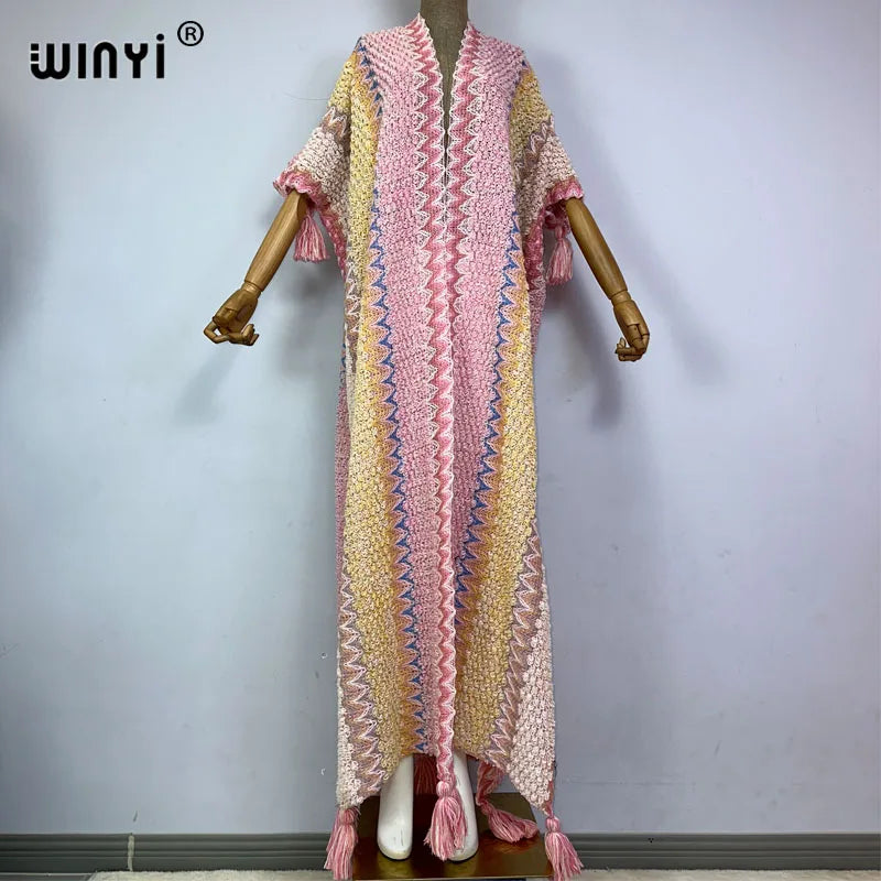 WINYI woman Winter tassel Knitted cardigan print coat Loose Christmas Africa Fashion hipster party dress Thick Warm Female cloke
