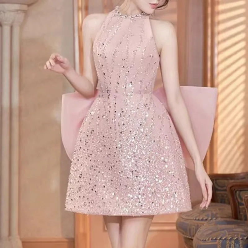 Maxy Pink Big Bow Women Dress Bodycon Diamonds Bing Evening Women's Clothing Sleeveless Runway Design Dresses Female