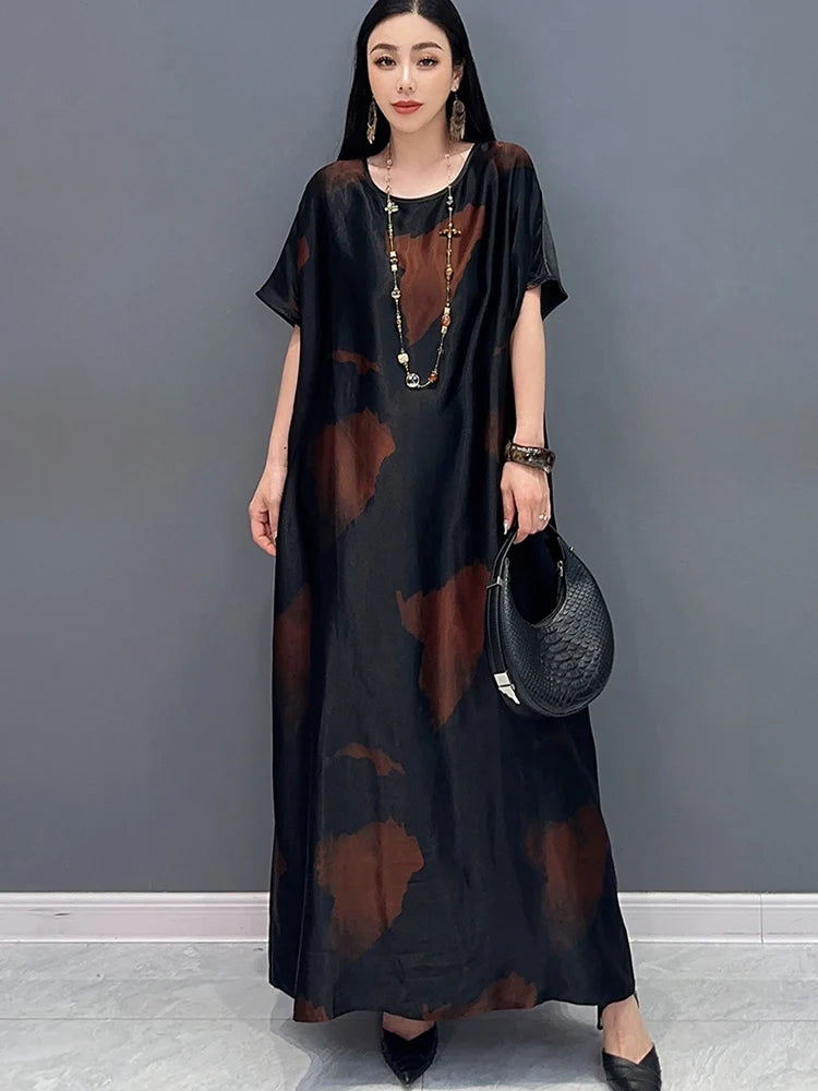 SHENGPALAE Chinese Style Satin Print Loose Swing Long Dress Short Sleeves Fashion Elegant Women Dresses 2024 Summer New 5R9796