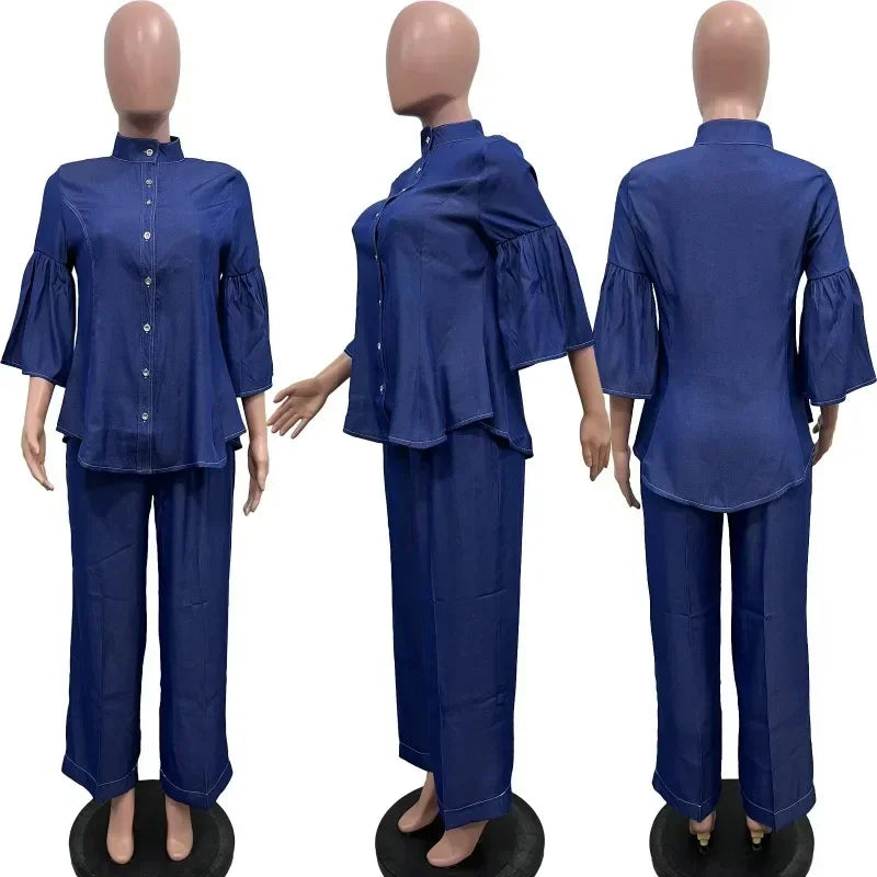 Babs Spring Fashion Denim 2 Piece Sets Women Outfit Solid Color Flare Sleeve Button Stand Collar Shirt Top Straight Pants Causal Suit