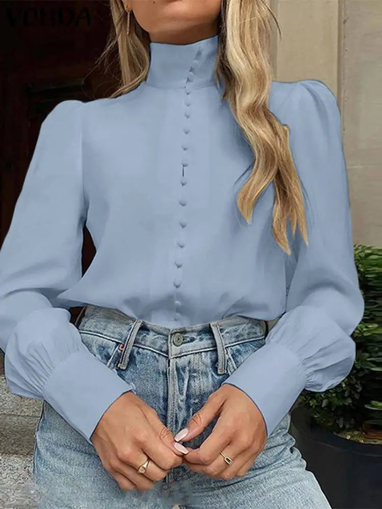 VONDA Women Fashion Blouse Summer Long Sleeve Elegant Shirts 2024 Stand Collar Buttons Solid Color Blusas Casual Loose Tunic Top