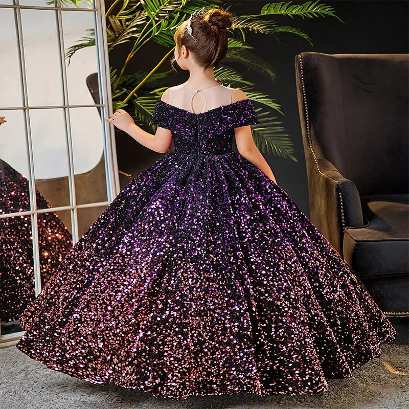 Maxy Little Girl Deep Purple Dresses Party and Wedding Summer Kids Birthday Evening Long Dress Sequin Luxury Gowns Child Costume