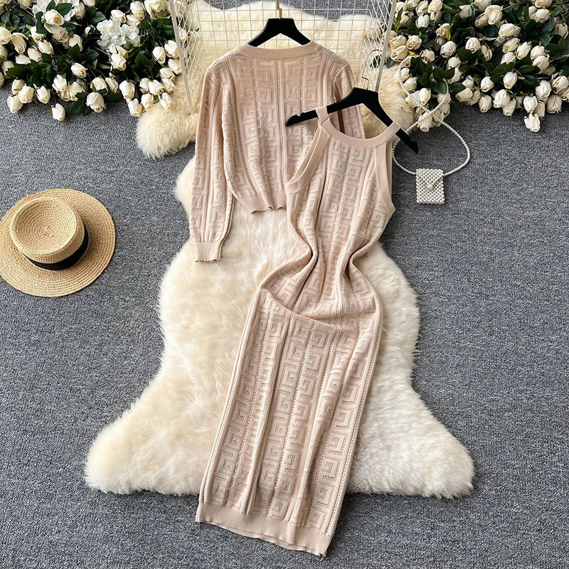 Maxy Knitted Fall Winter Warm Women 2 Piece Sets O-neck Single Breasted Cardigan Coats Tops Conjunto Korea Sleeveless Dresses Outfit