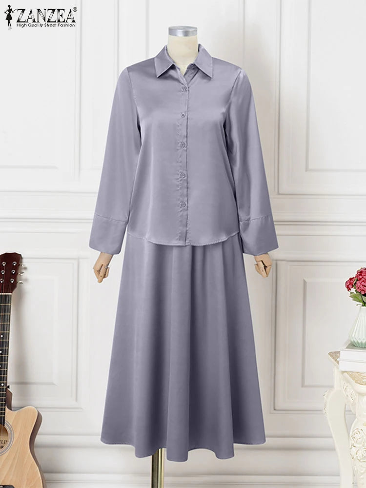 Maxy ZANZEA Vintage Satin Silk Dress Suit Fashion Solid Shirt Outfits Swing Skirt Sets Casual Loose Buttons Holiday Office 2pcs Sets