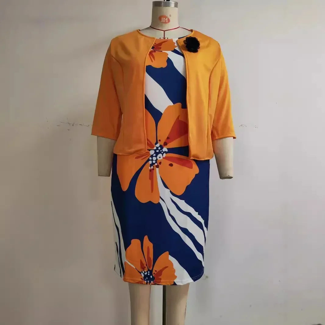 Maxy Plus Size Dresses for Women African 3/4 Sleeve Print Party Evening Midi Bodycon Dress Outfits with Coat Africa Clothing