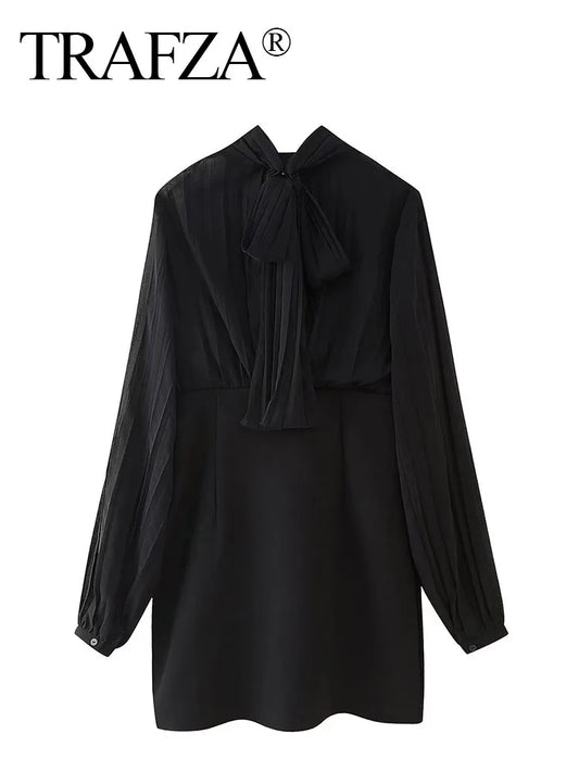 TRAFZA Woman Summer Bow Black Slim Elegant Short Party Shirt Dress Women New Fashion Long Sleeves Pleated Mini Dress Mujer