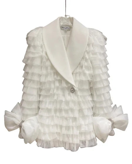 Maxy Ruffles Bubble Sleeve Mesh Tulle White Blazer Dress Women Elegant Fashion Diamonds Bow Long Blazer Coats